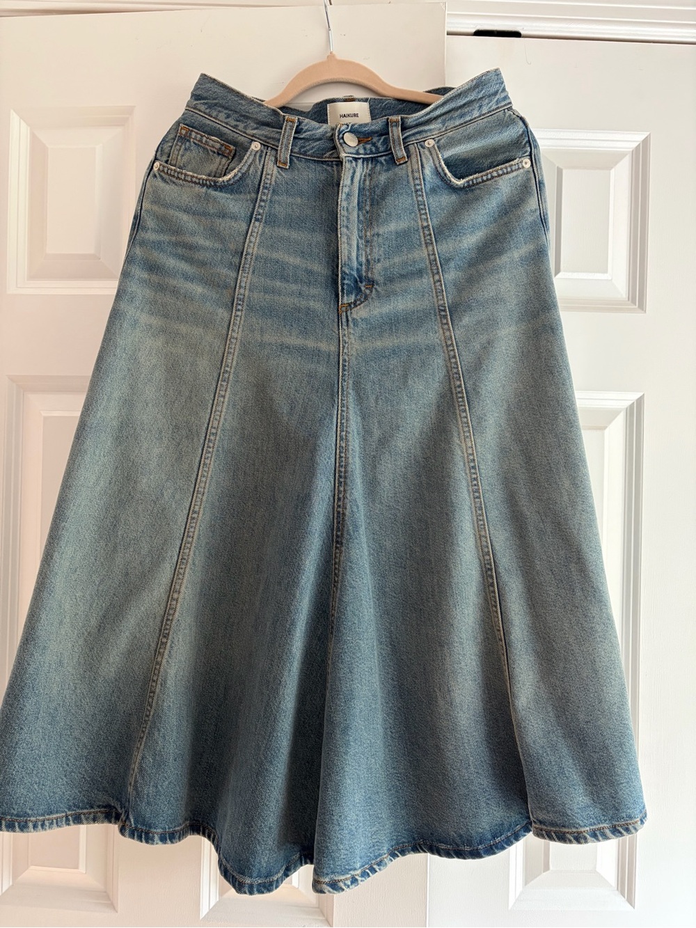 Haikure Light Blue Denim A-Line Midi Skirt